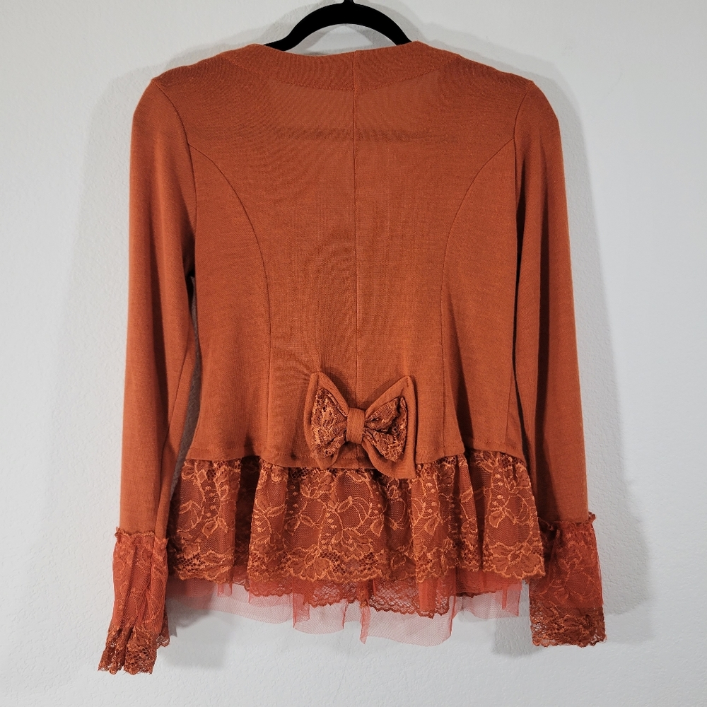 PRETTY ANGEL terracotta linen blend ruffle collar lace tulle trim cardigan - Picture 9 of 9